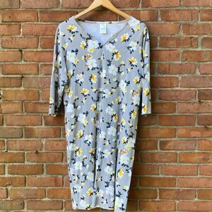 Blair Three Quarter Sleeve Floral Cotton Pull-over Dress- Yellow & Gray